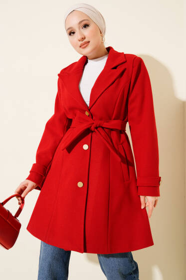 Kuşaklı Gold Düğmeli Kaşe Kaban Kırmızı - Kaban