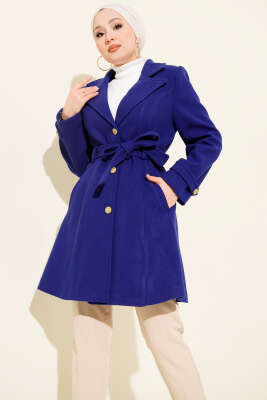 Kuşaklı Gold Düğmeli Kaşe Kaban Saks - BERAT TEKSTİL