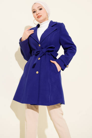 Kuşaklı Gold Düğmeli Kaşe Kaban Saks - Kaban