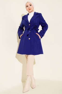 Kuşaklı Gold Düğmeli Kaşe Kaban Saks - Kaban