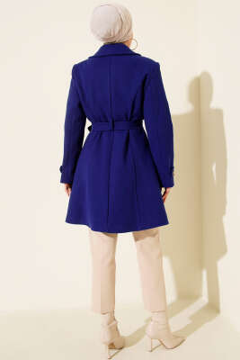 Kuşaklı Gold Düğmeli Kaşe Kaban Saks - Kaban