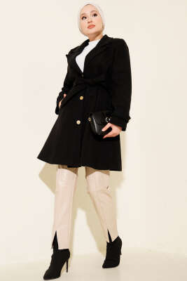 Kuşaklı Gold Düğmeli Kaşe Kaban Siyah - Kaban