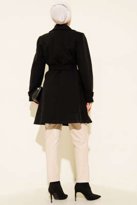 Kuşaklı Gold Düğmeli Kaşe Kaban Siyah - Kaban