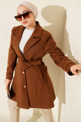 Kuşaklı Gold Düğmeli Kaşe Kaban Taba - BERAT TEKSTİL