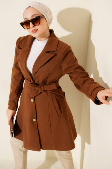 Kuşaklı Gold Düğmeli Kaşe Kaban Taba - Kaban