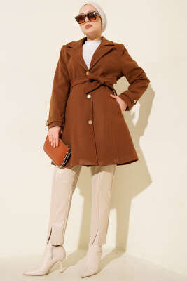 Kuşaklı Gold Düğmeli Kaşe Kaban Taba - Kaban