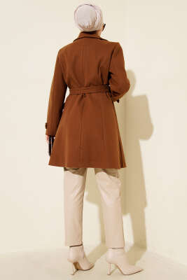 Kuşaklı Gold Düğmeli Kaşe Kaban Taba - Kaban