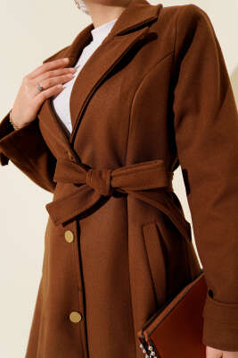 Kuşaklı Gold Düğmeli Kaşe Kaban Taba - Kaban