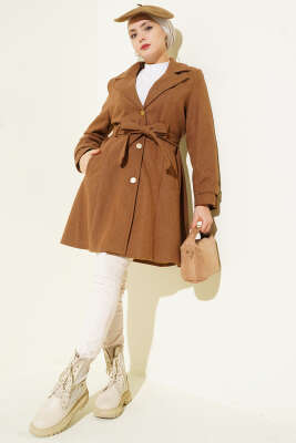 Kuşaklı Gold Düğmeli Kaşe Kaban Taba - Kaban