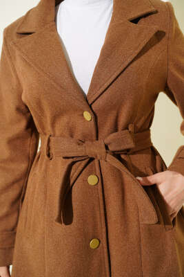 Kuşaklı Gold Düğmeli Kaşe Kaban Taba - Kaban