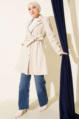 Kuşaklı Gold Düğmeli Kaşe Kaban Taş - Kaban