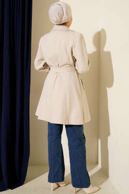 Kuşaklı Gold Düğmeli Kaşe Kaban Taş - Kaban