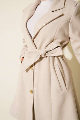 Kuşaklı Gold Düğmeli Kaşe Kaban Taş - Kaban