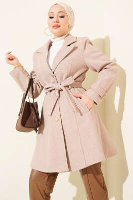 Kuşaklı Gold Düğmeli Kaşe Kaban Vizon - BERAT TEKSTİL