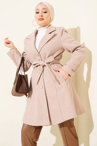 Kuşaklı Gold Düğmeli Kaşe Kaban Vizon - Kaban