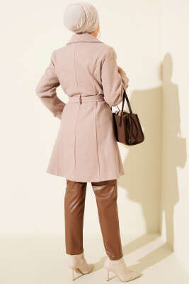 Kuşaklı Gold Düğmeli Kaşe Kaban Vizon - Kaban