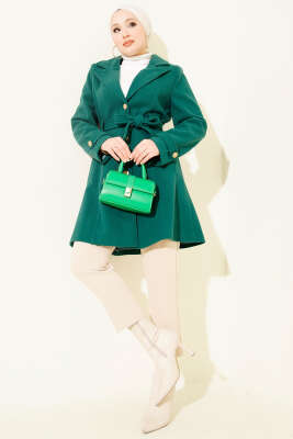 Kuşaklı Gold Düğmeli Kaşe Kaban Zümrüt - Kaban