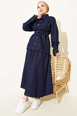 Kuşaklı Gold Düğmeli Kot Etekli Takım Lacivert - FİXAY