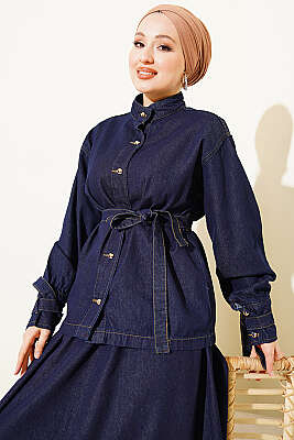 Kuşaklı Gold Düğmeli Kot Etekli Takım Lacivert - İkili Takım