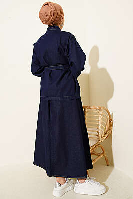 Kuşaklı Gold Düğmeli Kot Etekli Takım Lacivert - İkili Takım