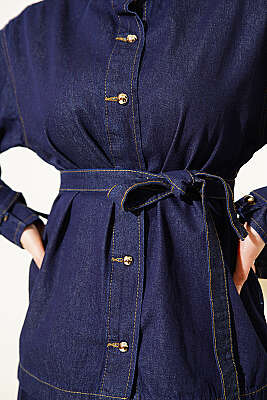 Kuşaklı Gold Düğmeli Kot Etekli Takım Lacivert - İkili Takım