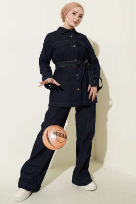 Kuşaklı Gold Top Düğmeli Kot İkili Takım Lacivert - FİXAY