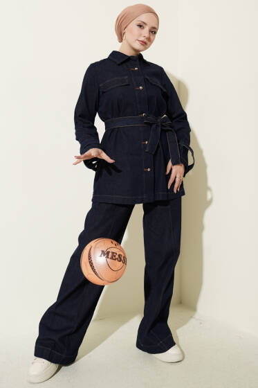 Kuşaklı Gold Top Düğmeli Kot İkili Takım Lacivert - İkili Takım