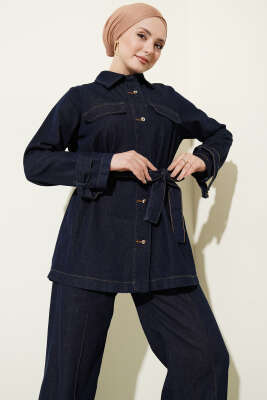Kuşaklı Gold Top Düğmeli Kot İkili Takım Lacivert - İkili Takım