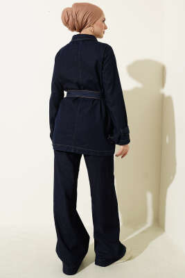 Kuşaklı Gold Top Düğmeli Kot İkili Takım Lacivert - İkili Takım