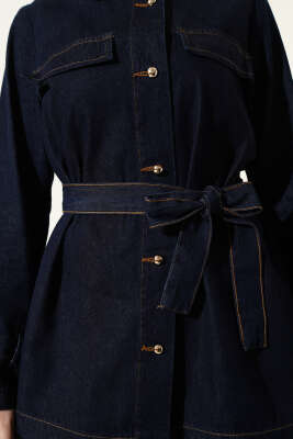 Kuşaklı Gold Top Düğmeli Kot İkili Takım Lacivert - İkili Takım