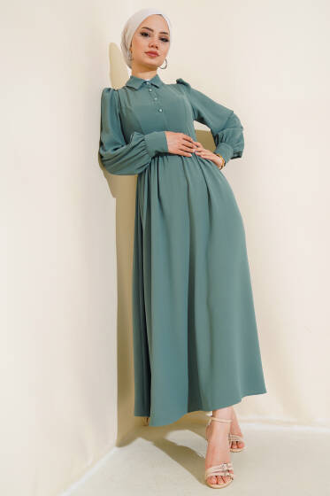 Kuşaklı Gömlek Yaka Elbise Çağla Yeşili - Elbise