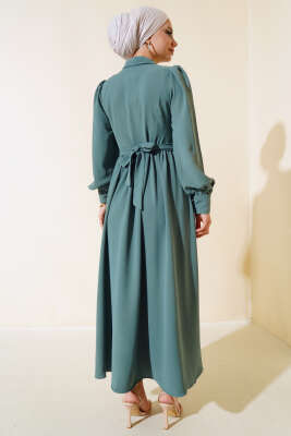 Kuşaklı Gömlek Yaka Elbise Çağla Yeşili - Tesettür Elbise