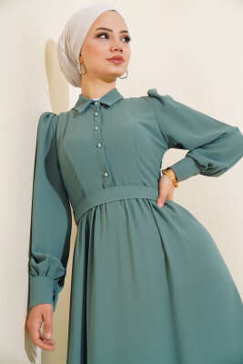 Kuşaklı Gömlek Yaka Elbise Çağla Yeşili - Tesettür Elbise