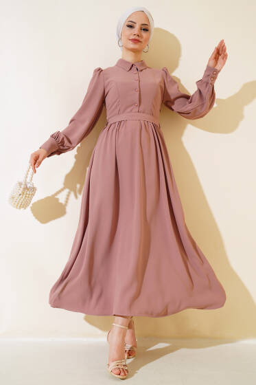 Kuşaklı Gömlek Yaka Elbise Gül Kurusu - Elbise