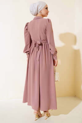 Kuşaklı Gömlek Yaka Elbise Gül Kurusu - Tesettür Elbise