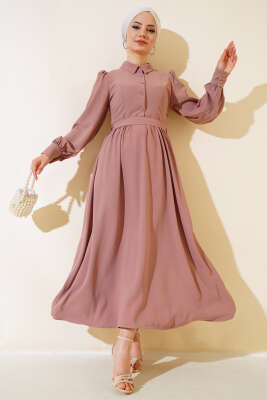 Kuşaklı Gömlek Yaka Elbise Gül Kurusu - Tesettür Elbise