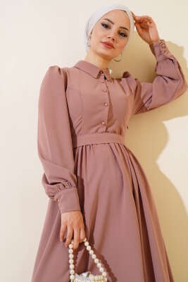 Kuşaklı Gömlek Yaka Elbise Gül Kurusu - Tesettür Elbise