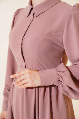 Kuşaklı Gömlek Yaka Elbise Gül Kurusu - Tesettür Elbise