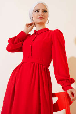 Kuşaklı Gömlek Yaka Elbise Kırmızı - Tesettür Elbise