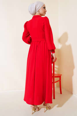 Kuşaklı Gömlek Yaka Elbise Kırmızı - Tesettür Elbise