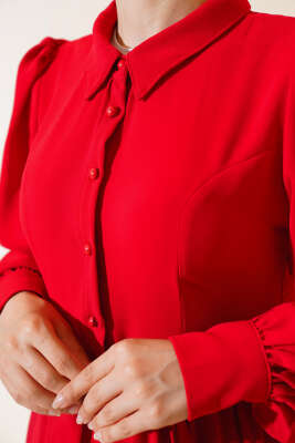 Kuşaklı Gömlek Yaka Elbise Kırmızı - Tesettür Elbise