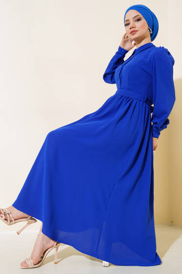 Kuşaklı Gömlek Yaka Elbise Lacivert - Elbise