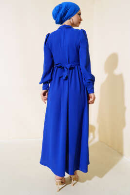 Kuşaklı Gömlek Yaka Elbise Lacivert - Tesettür Elbise