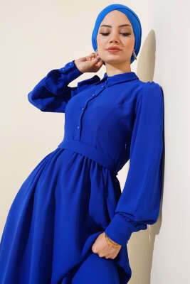 Kuşaklı Gömlek Yaka Elbise Lacivert - Tesettür Elbise