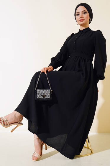 Kuşaklı Gömlek Yaka Elbise Siyah - Elbise