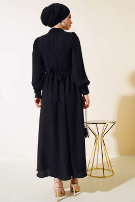 Kuşaklı Gömlek Yaka Elbise Siyah - Tesettür Elbise