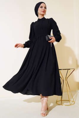 Kuşaklı Gömlek Yaka Elbise Siyah - Tesettür Elbise