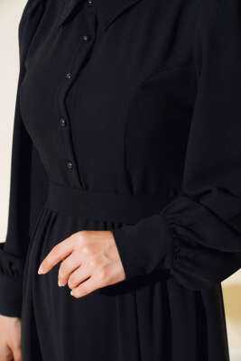 Kuşaklı Gömlek Yaka Elbise Siyah - Tesettür Elbise