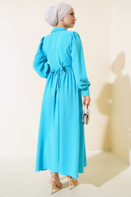 Kuşaklı Gömlek Yaka Elbise Turkuaz - Tesettür Elbise