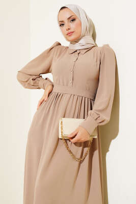 Kuşaklı Gömlek Yaka Elbise Vizon - Tesettür Elbise